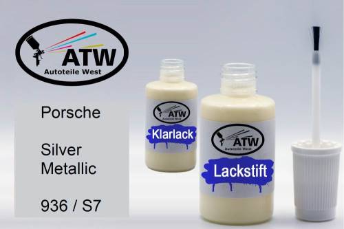 Porsche, Silver Metallic, 936 / S7: 20ml Lackstift + 20ml Klarlack - Set, von ATW Autoteile West.